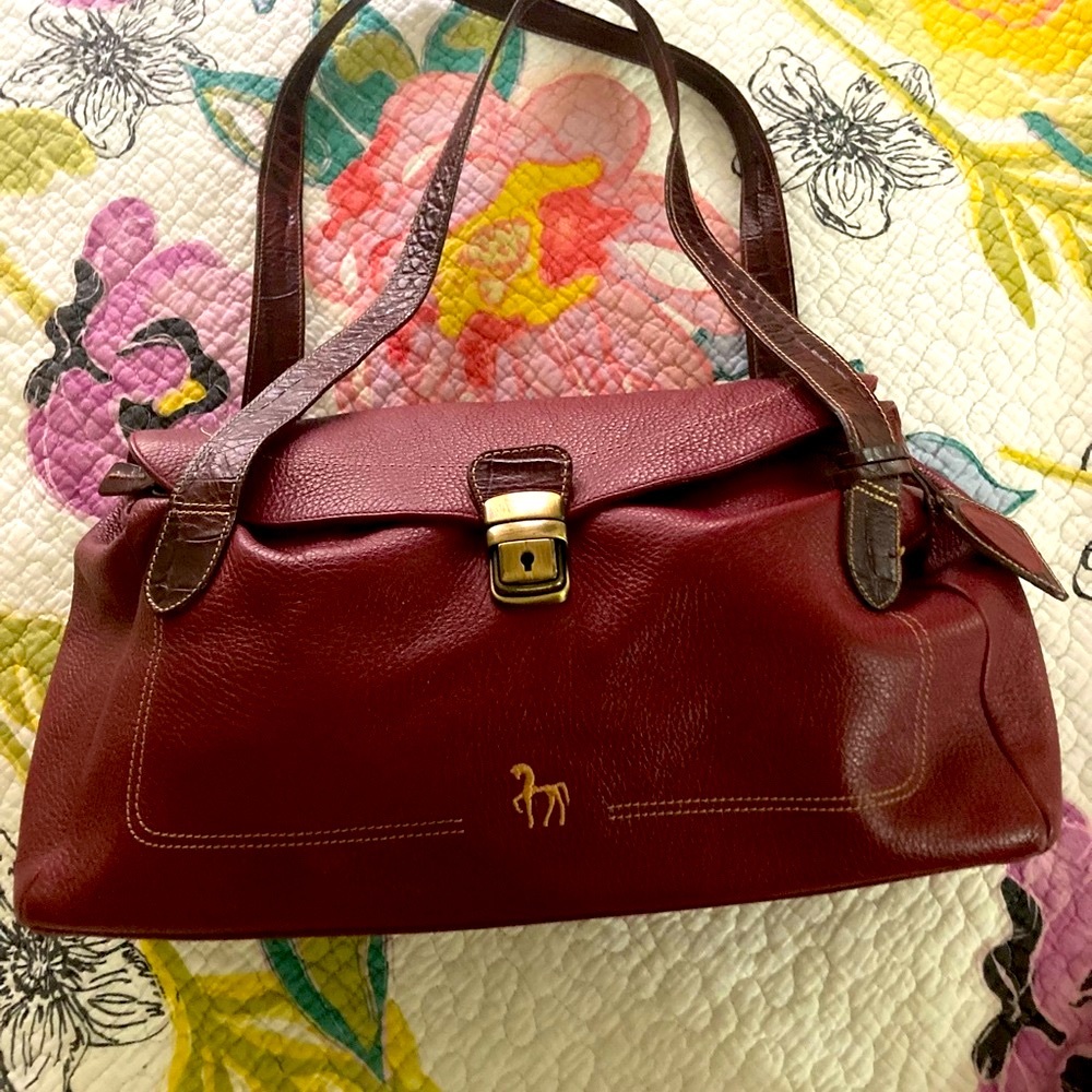 PETUSCO Spain Maroon Red & Gold Soft Pebble Leather Satchel Shoulder Bag OBO